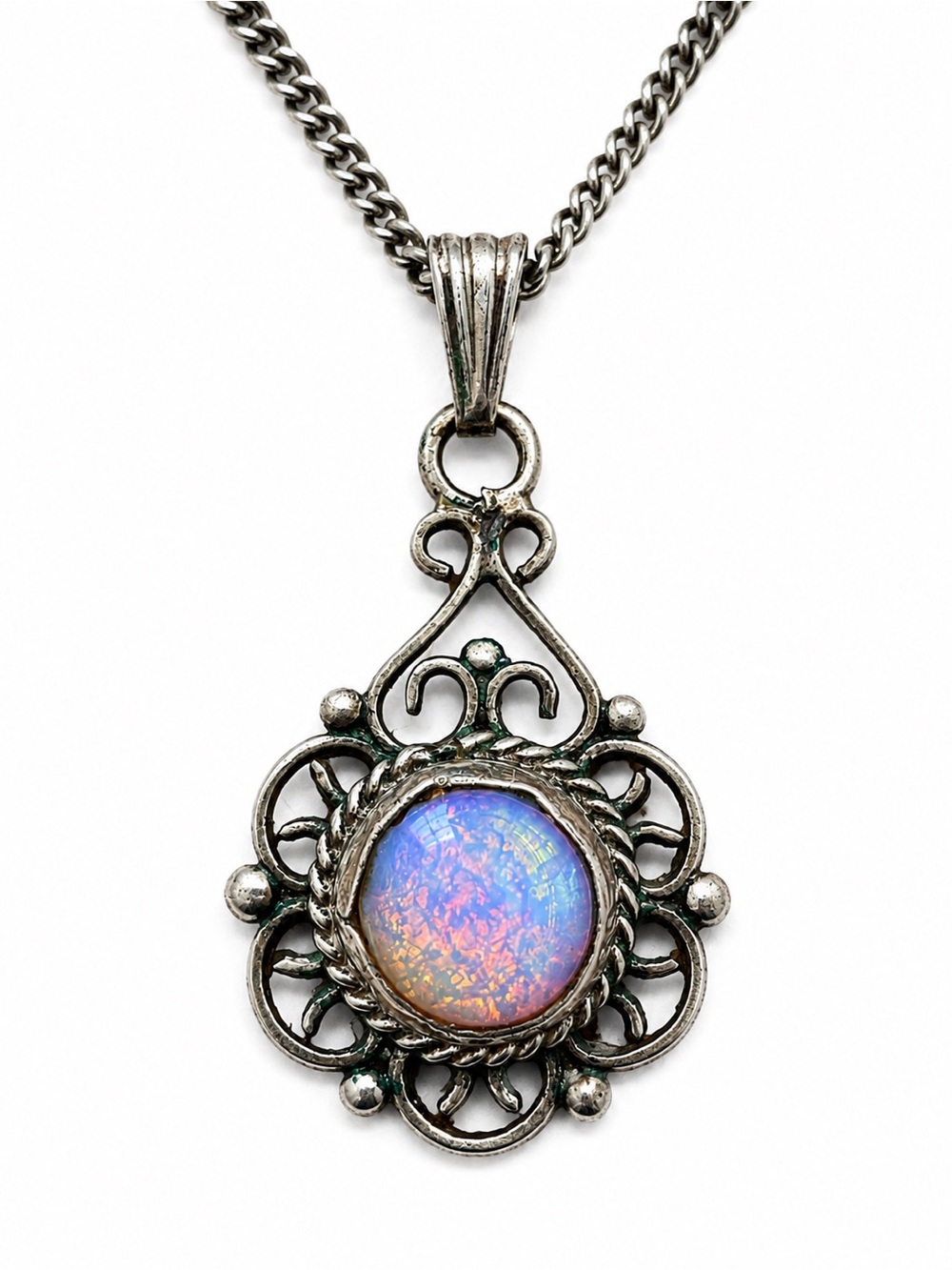 Vintage Sterling Silver Ethiopian Fire Opal Filigree Pendant Necklace 18”